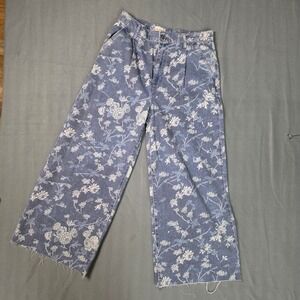 Pilcro Floral Wide Leg Jeans Womens 28 Blue White High Rise Raw Hem Anthro